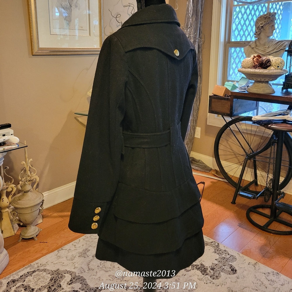 Guess Wool Blend Pea Coat Skirted Button Details Fully Lined Designer #55